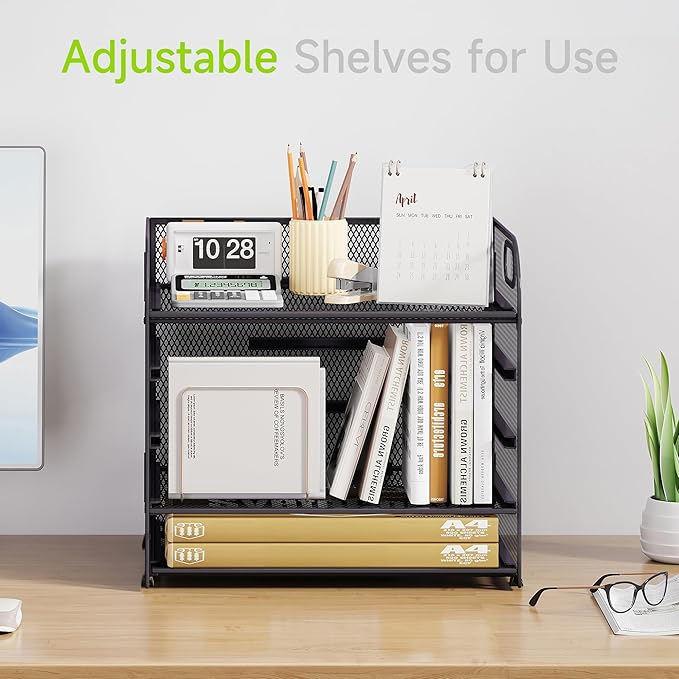 2 Pack 5 Tier Paper Organizer, Letter Tray with Handle, Mesh Desk Organizer, Metal File Organizer, Office Desk Accessories for Home, Office, Classroom, School -Grey
