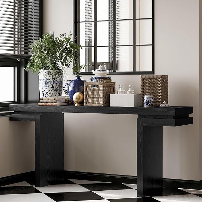 66" Extra Wide Real Wood Veneered Console Table,Minimalist Sofa Behind Couch Table for Entryway,Hallway,Living Room,Home Office,Black