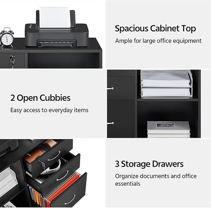 Yaheetech Black File Cabinet with Lock for Letter, A4 Size,3 Drawer Lateral Cabinet Printer Stand with Open Storage Compartments for Home Office, Black