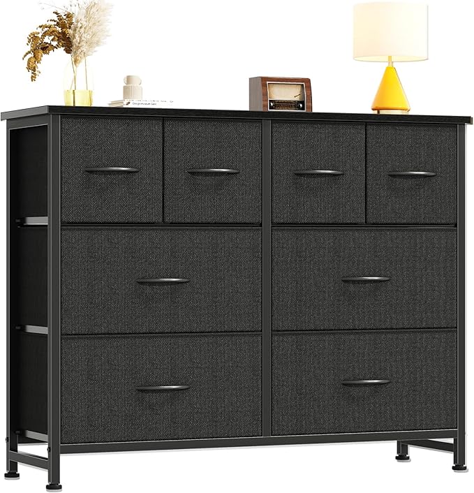 DUMOS TV Stand, Dresser with 8 Fabric Drawers, Spacious Storage Tower for Closet, TV Stand with Wood Top and Mental Frame, Storage Unit for Living Rooms, Bedroom and Entryway, Black