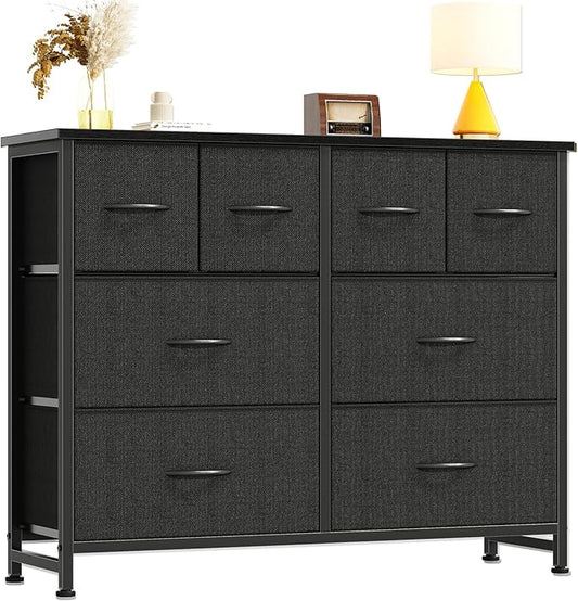 DUMOS TV Stand, Dresser with 8 Fabric Drawers, Spacious Storage Tower for Closet, TV Stand with Wood Top and Mental Frame, Storage Unit for Living Rooms, Bedroom and Entryway, Black