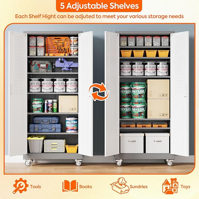 Aobabo 71" H x 32" W x 16" D Garage Storage Cabinet with Wheels, Metal Storage Cabinet with 5 Adjustable Shelves and 4 Hooks for Home Office, Assembly Required, Grey White