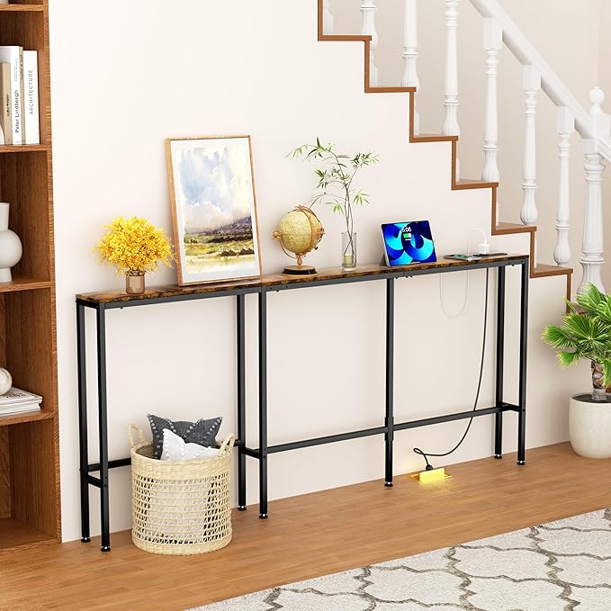 Narrow Console Table with Outlet, 70.9" Sofa Table Narrow Long, L Shaped Behind Couch Table, Skinny Entryway Tables with Charging Station,3 Assembly Options for Living Room,Hallway (Rustic Brown,70IN)