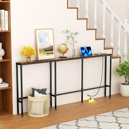 Narrow Console Table with Outlet, 70.9" Sofa Table Narrow Long, L Shaped Behind Couch Table, Skinny Entryway Tables with Charging Station,3 Assembly Options for Living Room,Hallway (Rustic Brown,70IN)