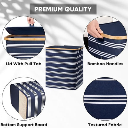 BALEINE Laundry Hamper with Lid, Tall Laundry Baskets with Bamboo Pull Handles, Large Laundry Bin with Internal Support (36 Gal/140L, Blue Pinstripe)