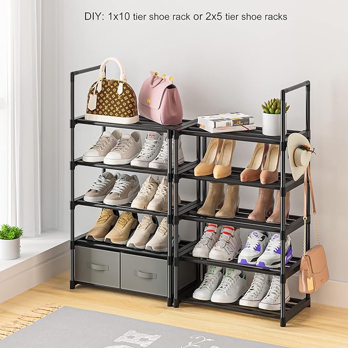 OYREL Tall Shoe Rack Narrow 10 Tier Shoes Rack 20 25 Pairs, Shoe Storage Organizer for Closet, Sturdy Metal Shoe Shelf Shoe Stand with 2 Boxes 1 Hook