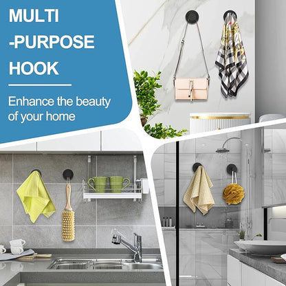 Shower Hooks for Inside Shower, Vacuum Suction Cup Hooks for Glass Window, Mirror, No Drill Towel Hooks for Bathrooms, Bath Robe Coat Looafh Wreath Hook for Hanging - 2 Pack, Black