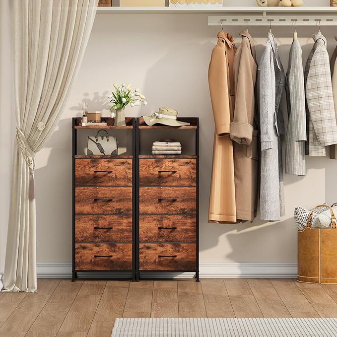 Somdot Night Stand with 4 Drawers, Vertical Storage Tower Fabric Dresser for Bedroom, Nightstand Bedside Table Furniture, Sturdy Steel Frame, Wooden Top & Easy Pull Fabric Bins, Wood Grain Print