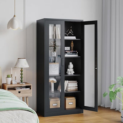 Glass Display Cabinet with 4 Adjustable Shelves, 71" Tall Curio Cabine with Tempered Glass Door, Liquor Cabinet with Lock, 5-Tier Bookcase Storage Cabinet for Home, Study, Living Room (Black)