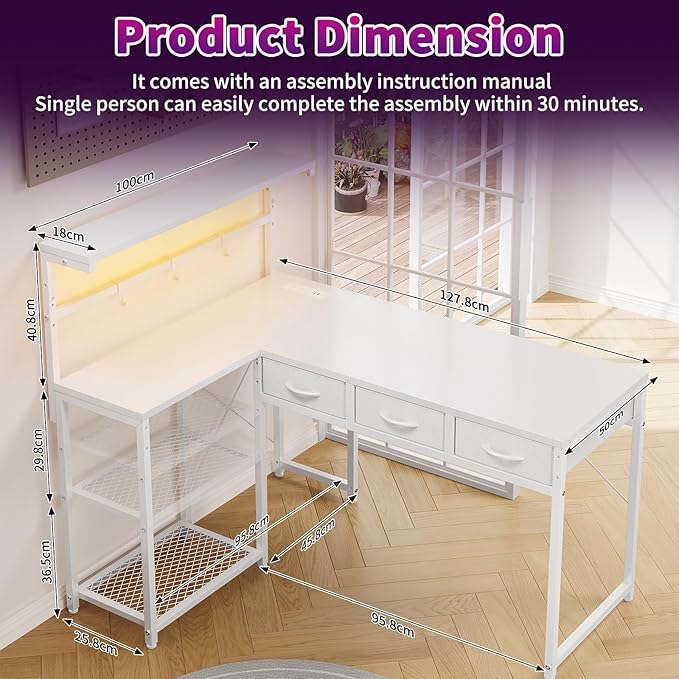 Grandder 50 Inch L Shaped Gaming Desk with 3 Drawers & Storage Shelves & Hutch, Computer Desk with USB Ports, Study Writing Table for Bedroom, Simple Modern Laptop Desk for Home Office, White