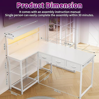 Grandder 50 Inch L Shaped Gaming Desk with 3 Drawers & Storage Shelves & Hutch, Computer Desk with USB Ports, Study Writing Table for Bedroom, Simple Modern Laptop Desk for Home Office, White