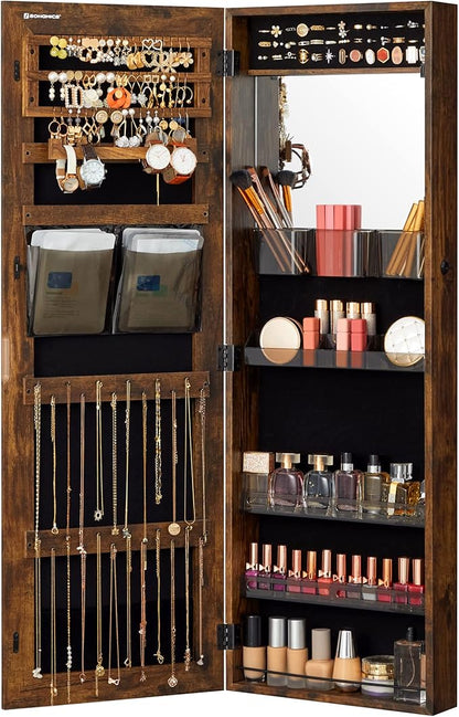 SONGMICS Jewelry Cabinet Armoire, Wall or Door Mount Storage Organizer with Full-Length Mirror, Lockable Cabinet with Built-in Small Mirror, Shelves, Gift Idea, Rustic Brown UJJC003X01