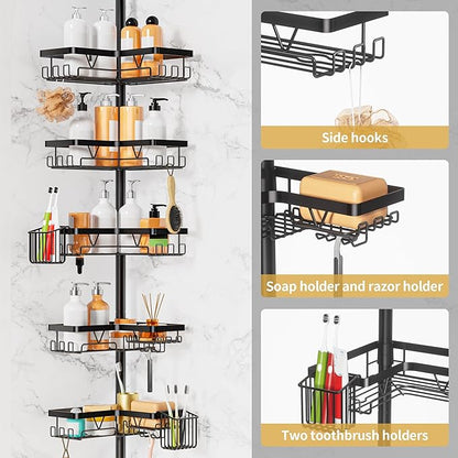 Adjustable Tension Pole Shower Caddy, 5-Tier Stainless Steel Shower Shelf Organizer with 2 Movable Toothbrush Holders, 25-115 Inches Extendable Bath Tub Conner Storage Shelf for Family, Black