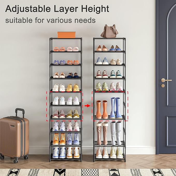 10 Tier Tall Shoe Rack, Narrow Lightweight Shoe Shelf, Compact Vertical Shoe Stand, Small Space Saving for Closet Floor, Dorm Storage Organizer, Front Door Entrance, Entryway