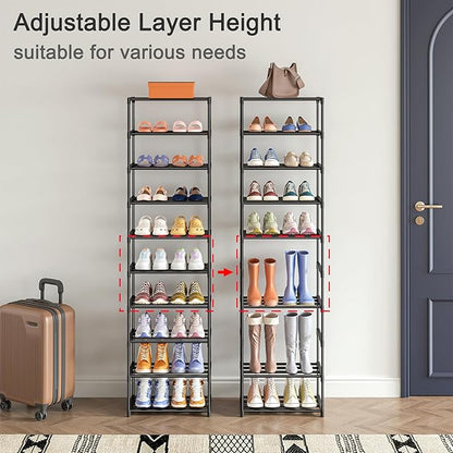 10 Tier Tall Shoe Rack, Narrow Lightweight Shoe Shelf, Compact Vertical Shoe Stand, Small Space Saving for Closet Floor, Dorm Storage Organizer, Front Door Entrance, Entryway