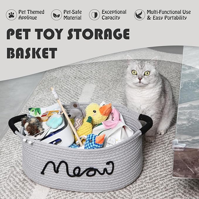 Sea Team Cat Toy Storage Basket with Handles, 16.5 x 11 x 7 Inches, 4.4 Gallons Large Cotton Rope Storage Bin, Shelf Basket, Organizer for Pet Chew Toys, Foods, Grey Meow