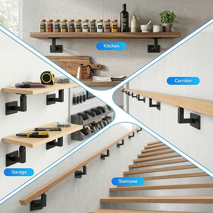 4 Pack Handrail Brackets, Laysmkit Adjustable Handrail Bracket for Staircase, Black Hand Rail Bracket, Wall Mounted Stair Railing Brackets with Installation Hardware for Stairs, Bedroom, Corridors