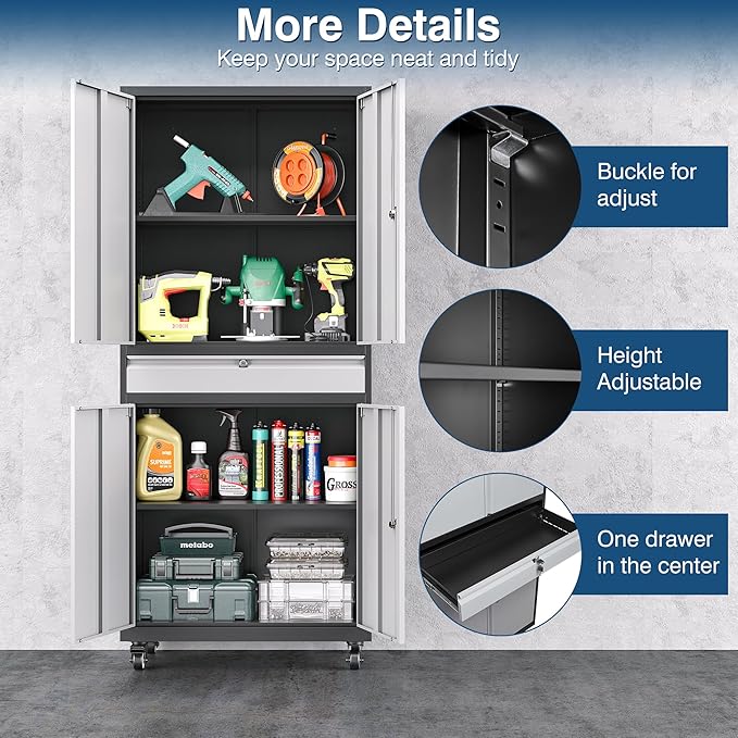 Metal Storage Cabinet with Wheels, 73" Tall Garage Rolling Storage Cabinets with Doors and Shelves, Lockable Tool Caninet Steel Locking Cabnets for Home Office, Garage, Pantry