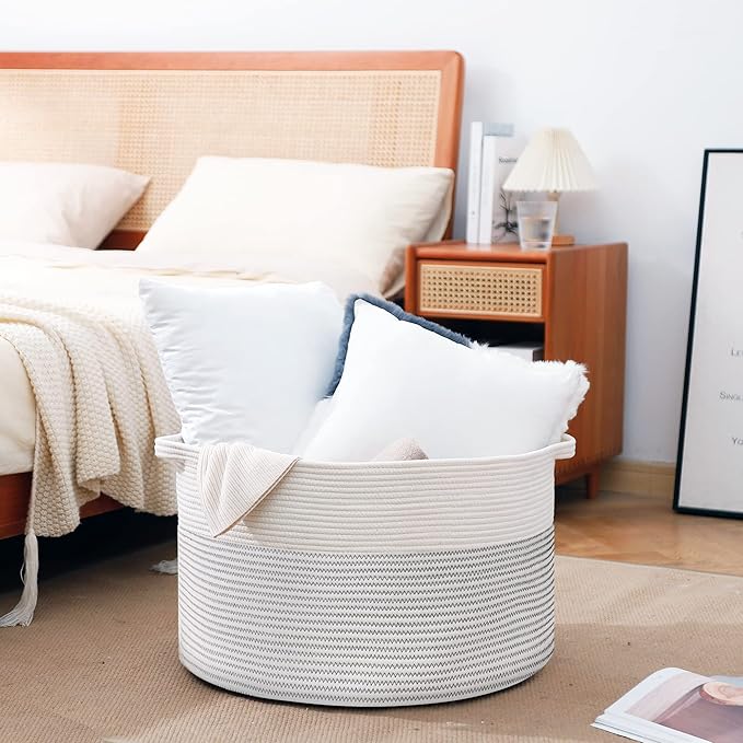 XXXL Large Cotton Rope Blanket Basket for Living Room, Woven Rope Storage Baskets for Organizing, Nursery Kids Toy Baskets Storage Bin Organizer, Baby Laundry Basket Hamper, Decor Basket, 88L