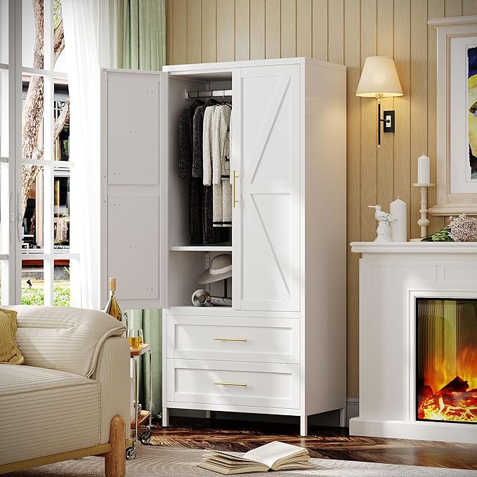 Aobabo Metal Wardrobe Cabinet with 2 Drawer, 71" H Metal Armoire Wardrobe Closet with Adjustable Shelf and Hanging Rod for Home, Laundry Room, Office, Installation Required, White