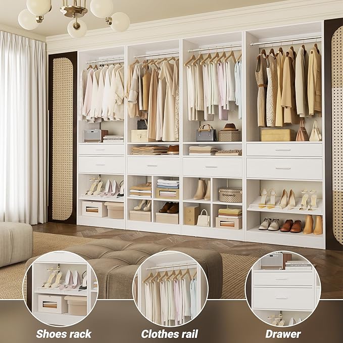 Unikito Closet System, 8.3FT Closet Organizer with 6 Wooden Drawers, Hanging Rods, Adjustable Shoe Rack and Cube Storage, Easy Assembly Wardrobe Tower, Set of 4, White