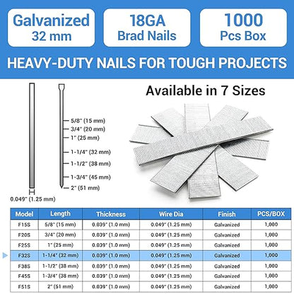 meite 18 Gauge Brad Nails, 1-1/4 Inch 18GA Brad Nails Galvanized Small Finishing Nail Gun Nails for Pneumatic, Electric Brad Nailer Gun (1,000 Counts)
