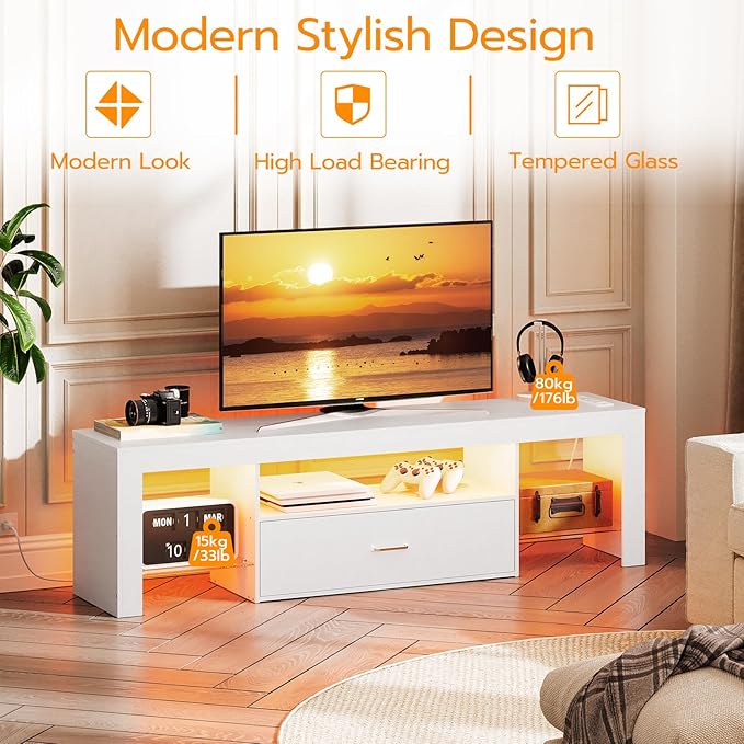 HOOBRO LED TV Stand with Power Outlets to 65 inch TV, Gaming Entertainment Center with Glass Shelves and Large Drawer, Modern Media TV Console Table for Living Room Bedroom, White WT14UDDS01
