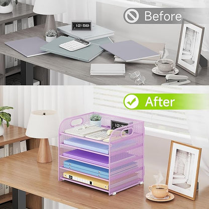 2 Pack 5 Tier Paper Organizer, Letter Tray with Handle, Mesh Desk Organizer, Metal File Organizer, Office Desk Accessories for Home, Office, Classroom, School -Purple
