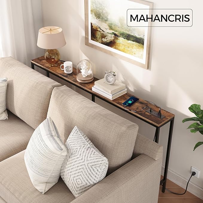 63'' Skinny Console Table with Charging Station, Narrow Long Sofa Couch Table, Easy Assembly, Entryway Table for Living Room, Foyer, Hallway, Rustic Brown CTHR165E01Z1