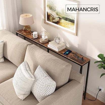 63'' Skinny Console Table with Charging Station, Narrow Long Sofa Couch Table, Easy Assembly, Entryway Table for Living Room, Foyer, Hallway, Rustic Brown CTHR165E01Z1