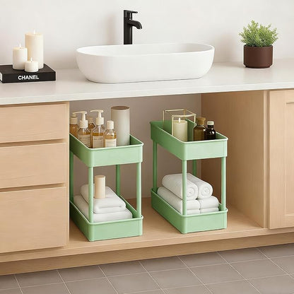 ShellKingdom 4 Tier Bathroom Storage Organizer, Slim Rolling Storage Cart for Narrow Space, Mobile Shelving Unit with Lockable Wheels and Hooks for Bathroom, Kitchen, Laundry Movable Shelf (Green)