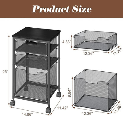Rolling File Cart with 3 Drawers, Mobile Filing Cabinet for Home Office, Under Desk Storage Organizer with Wheels, Hanging Folder Holder Utility Cart Printer Stand, Black
