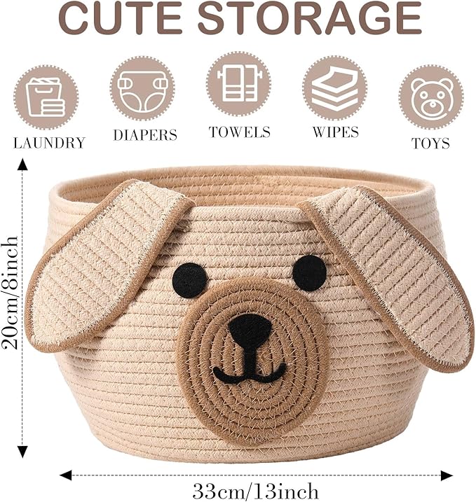 Zopeal Dog Woven Basket Cute Woven Cotton Rope Puppy Animal Storage Basket for Laundry Toy Gift(Khaki,13 x 8 Inch)