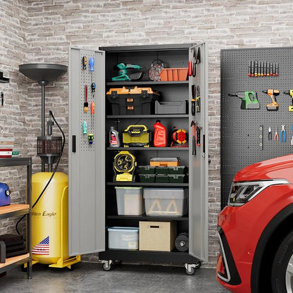 Aobabo Upgrade 71H''*32''W*16''D Metal Garage Storage Cabinet with Wheels and Pegboards, 5 Adjustable Shelves Steel Storage Cabinets for Home,Warehouse,Garage,Assembly Required,Black Gray