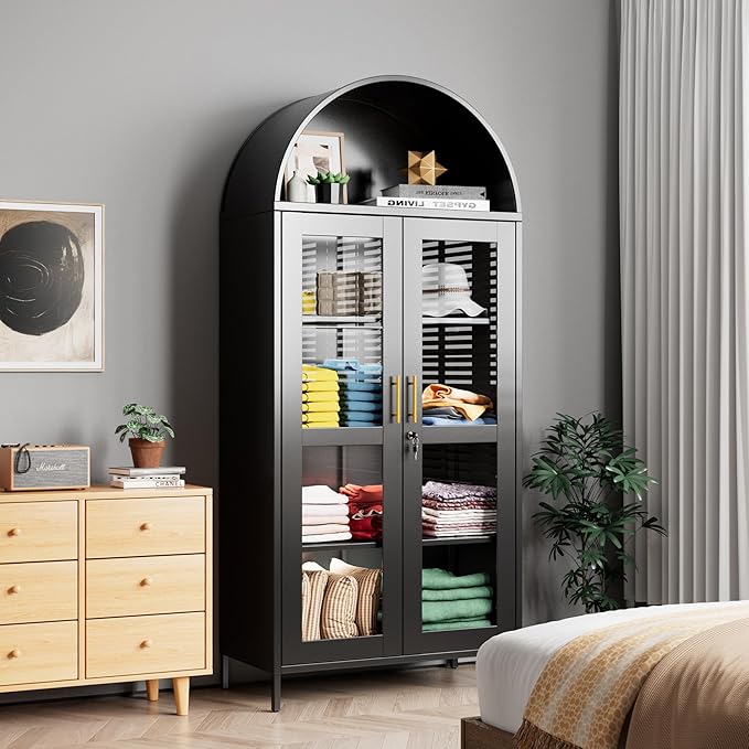 78.74" H Metal Arched Cabinet with Lock and LED Light Strip, Metal Display Cabinet with Glass Doors and Adjustable Shelves,Suitable for Dining Room, Home, Assembly Required,Black