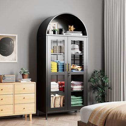 78.74" H Metal Arched Cabinet with Lock and LED Light Strip, Metal Display Cabinet with Glass Doors and Adjustable Shelves,Suitable for Dining Room, Home, Assembly Required,Black
