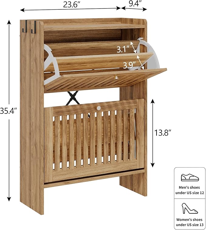 wanan 24" Shoe Cabinet with 2 Flip Slatted Drawers, Adjustable & Removable Panels, Narrow Shoe Cabinet Storage for Entryway, Hallway, Shoe Rack Organizer Cabinet, Light Oak