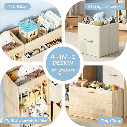 Toy Organizer and Stuffed Animals Storage, All-in-One Toy Shelf with Stuffed Animal Holder, 2 Drawers, Movable Toy Chest & Top Shelf, Solid Wood Bedroom Toy Storage Organizer