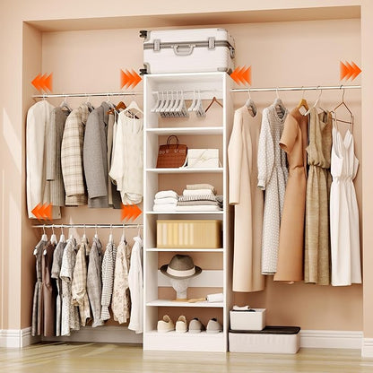 Closet System, 4Ft-9Ft Closet Organizer System With Adjustable Shelves, Walk-In Closet Storage System With 5 Expandable Hanging Rods, Adjustable Cloth Garment Rack from 4 to 9FT, White