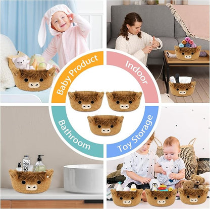 3 Pack Small Highland Cute Cow Storage Baskets for Organizing,Woven Decorative Gift Basket, Nursery Shelves Rope Cotton Storage Bins for Gifts Empty, Mini Burr Baby Shower with Handles,7 IN