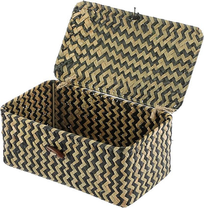 Hipiwe X-small Wicker Basket with Lid Natural Seagrass Storage Baskets Box Handwoven Household Organizer Box Multipurpose Woven Storage Basket for Shelf Closet,Black