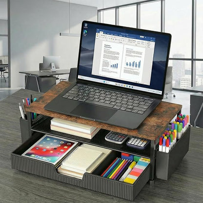 Desk Organizer and Accessories, 2-Tier Computer Monitor Stand Rise with Storage Drawer & 2 Pen Holders, Laptop & Printer Stand for Desktop, Workspace Organizers for Office Supplies (Brown)