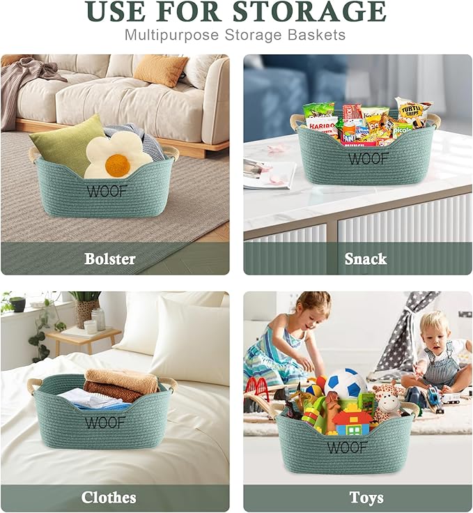 2 Pack Dog Toy Baskets,Pet Rope Basket for Dog Cat Toys,Dog Toy Bin with Handles,Woof Puppy Toy Storage Basket,Puppy Bed,Dog Stuff Organizer for Toys,Collar,Leash,Nursing Supplies-Green