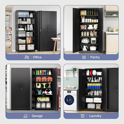 Metal Garage Storage Cabinet,Tall Black Cabinet with Doors and Adjustbale Shelves,Lockable Tool Cabinet for Garage,Basement,Home Office