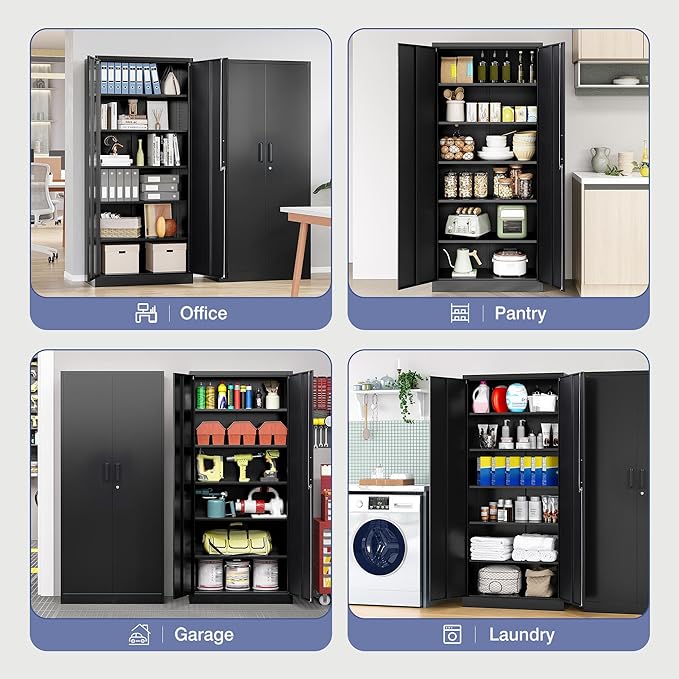 Metal Storage Cabinet with Lock,72" Tall Storage Cabinet with Doors and Adjustable Shelves,Steel Locking Cabinets for Garage,Home Office,Pantry,School,Hospital(Black)