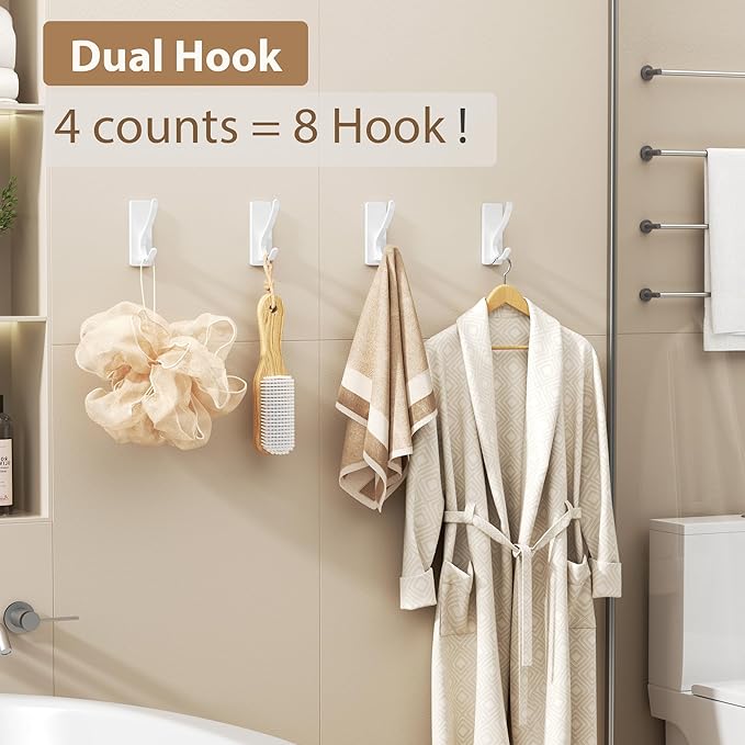Self Adhesive Towel Hooks: Extra Strong 13LB, Stainless Hook for Hanging Loofah, Towels, Coat, Bath Robe Bathroom Shower, White, 4 Pack