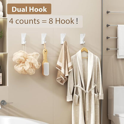 Self Adhesive Towel Hooks: Extra Strong 13LB, Stainless Hook for Hanging Loofah, Towels, Coat, Bath Robe Bathroom Shower, White, 4 Pack