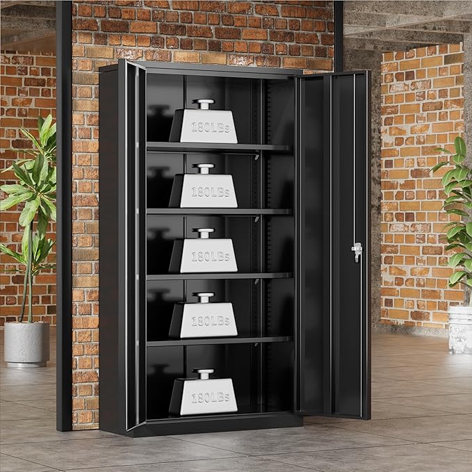 Greenvelly Metal Garage Storage Cabinet, 72” Lockable Storage Cabinet with Adjustable Shelves, Steel Tool Cabinets, Black Metal File Cabinet for Home Office, Garage, School, Classroom(36" W x 18" D)