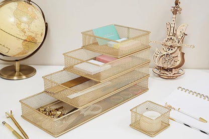 Annova Mesh Stackable Drawer Cabinet and Shelf Organizer Bins Storage Basket School Office Supply Holder Tray- Set of 2 (Gold, 6x15x2 Inch)