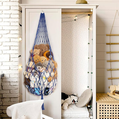 Stuffed Animal Storage Toy Hammock Corner Hanging Net for Stuff Animal Storage Macrame Toy Display Plushie Toy Holder-Wall Hanging Net for Kid Bedroom Decor Playroom Organizer (Blue XL)